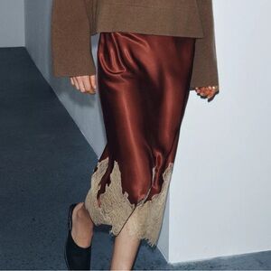 Contrast Lace Satin Skirt, ZW Collection, Maroon, Zara, M, NWT
